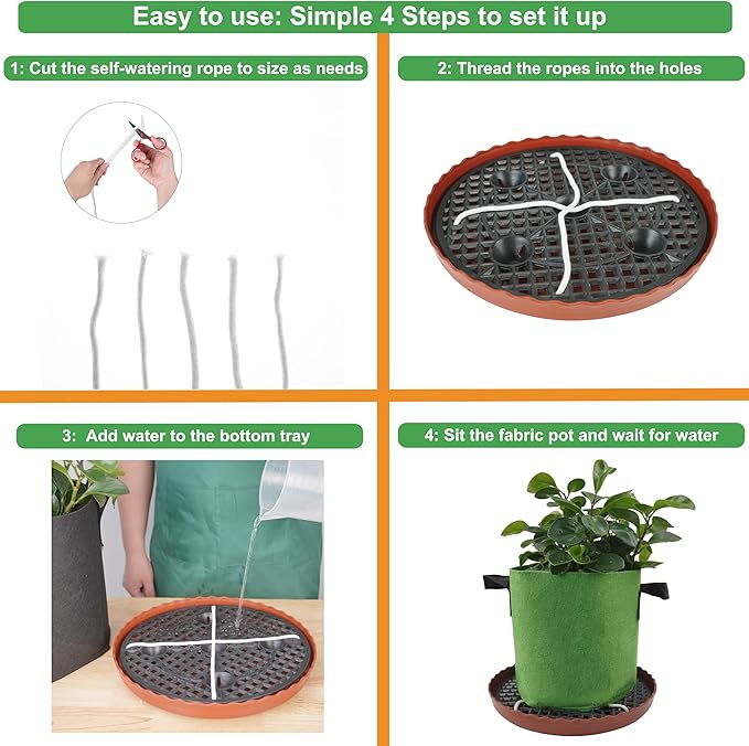 4 Pack 12.6 inch Self Watering Base for 1-5 Gallon Fabric Pot, Automatic Watering Tray System for Non-woven Grow Bag, Plastic Elevated Plant Flower Saucer Stand Growth Tent Greenhouse Indoor Outdoor