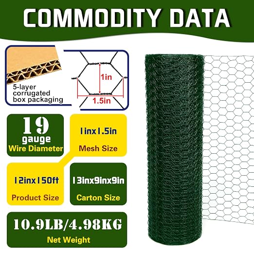 Chicken Wire 12inx150ft, Premium Chicken Wire Fencing, Chicken Wire Mesh, Green PVC Coated Metal Wire Fence, Galvanized Poultry Netting Barrier for Floral Arrangements/Craft Projects//Rabbit