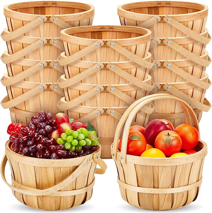 Marsui 16 Pcs Large Wooden Apple Basket 11 x 6.5'' Wicker Fruit Bushel Baskets with Handle for Garden Storage Organizing Farmers Personal or Commercial Use