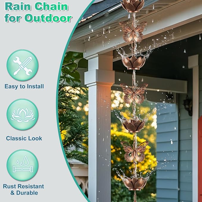 8.8ft Rain Chain for Gutters Downspouts Outside,Butterfly Rain Chain Cups with 12 Copper Chain Adjustable Lotus Rain Catcher Chain Functional and Decorative Replacement for Gutter Downspouts