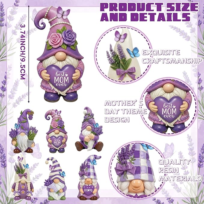Simgoing 6 Pcs Mother's Day Gnomes Resin Purple Lavender Figurines Best Mom Ever Lavender Gnomes Statues Table Decor Gift for Mom Spring Home Tabletop Centerpieces Mothers Day Tiered Tray Decoration