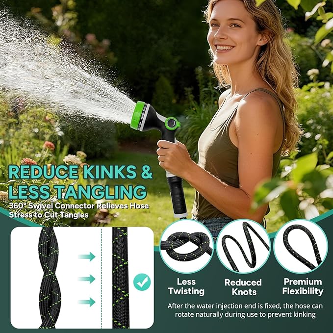Garden Hose 100FT, Flexible Lightweight Non-Expandable Water Hose with 10 Function Nozzle, Leak-Proof, Burst-Resistant, High-Pressure for Yard, Outdoor