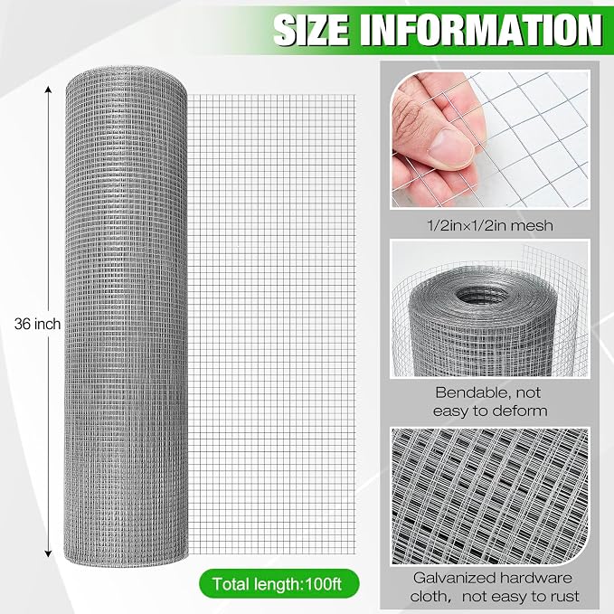Tatuo Hardware Cloth 1/2 Inch 36in x 100ft Hot Dip Galvanized After Welded Cage Mesh Rolls 21 Gauge Metal Chicken Wire Roll Wire Fencing Poultry Netting for Raised Garden Rodent Animals