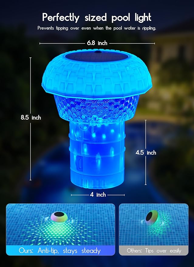 2 in 1 Floating-Pool-Lights-Solar-Powered with Chlorine-Floater, RGBWW-Solar-Pool-Light-Chlorine-Dispenser with 20+ Light Effects, Remote Control, IP68 Waterproof Light for Pools, Hot Tubs, Parties