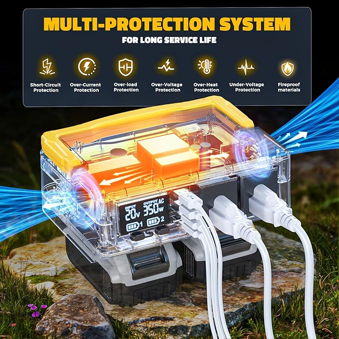 Ecarke 350W Portable Power Inverter Compatible with DeWALT 20V Battery, DC 20V to AC 110V Power Station with 2 AC Outlets, 2 USB, 2 Type-C & RGB LED Light, for Outdoor Emergency Use (No Battery)