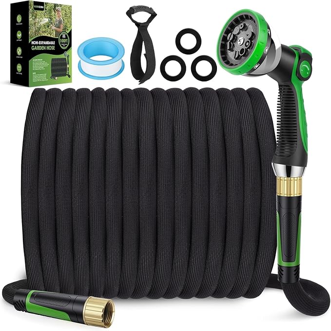 Garden Hose 100 ft, Non-Expandable Ultra-Lightweight Flexible Hose with 360° Dual-End Anti-Kink Design, 10-Pattern Spray Nozzle, 500 PSI Leak-Proof, 96-Strand Braided Fabric, Storage Strap