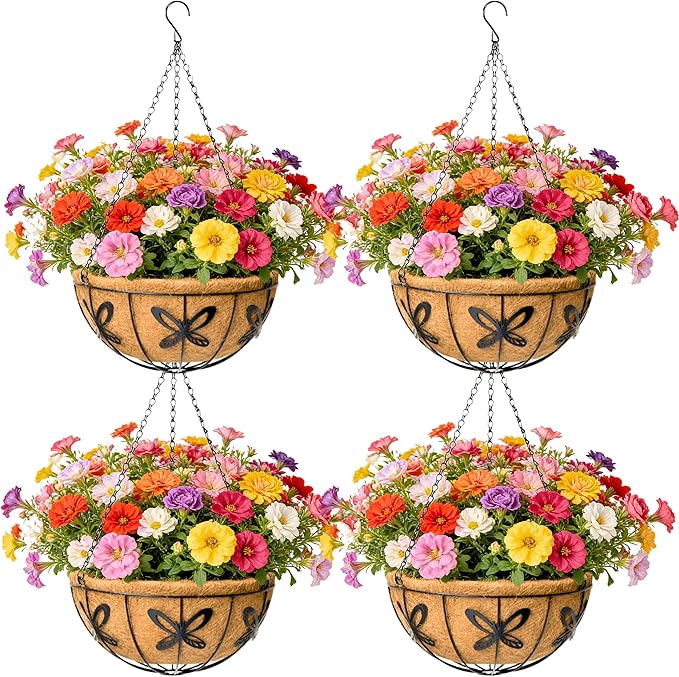 EIMQUVW Outdoor Metal Hanging Planters Basket (4pack, 14 inch) Hanging Baskets for Plants Chain Round Wire Plant Holder with Coco Fiber Liners for Garden, Patio, Deck, Porch(Butterfly)