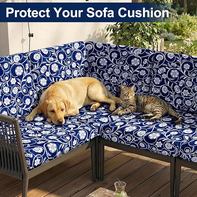 Smiry Waterproof Patio Cushion Covers, Stretch Outdoor Couch Slipcovers Replacement Washable Furniture Protector Sofa Chair Seat Cover for Dogs and Pets (4 Pcs, Navy)