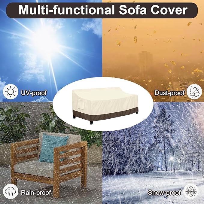 PureFit Outdoor Couch Cover Waterproof Patio Sofa Furniture Covers, 3-Seater Outdoor Cover with Air Vent and Handles, 78W x 35D x 35H Inches, Beige/Brown