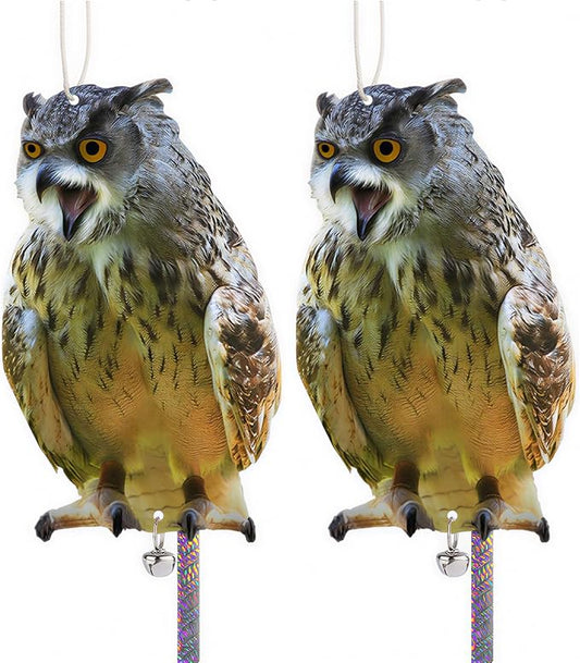 Owl to Keep Pigeons Away, 2Pcs Flat Plastic Owl to Scare Woodpecker from House, Fake Owls to Scare Pigeon Squirrels, Hanging Garden Owls with Reflective Tape for Porch Patio Window Yard Balcony Roof