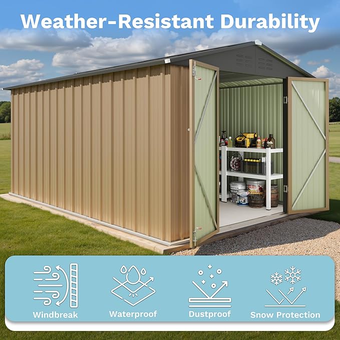 Greesum 8x12FT Outdoor Storage Shed, Utility Tool Shed with Sloping Roof, Metal Storaged Garden Shed with Door & Lock for Patio Storage, Brown