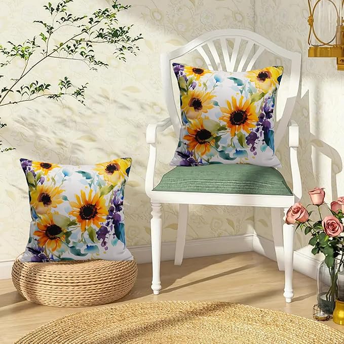 Pack of 2 Waterproof Outdoor Pillow Covers 18x18 Inch Spring Summer Sunflower Pillow Covers Decorative Square Patio Pillows Outdoor Pillows Covers for Patio Furniture Garden(No Pillow Insert)