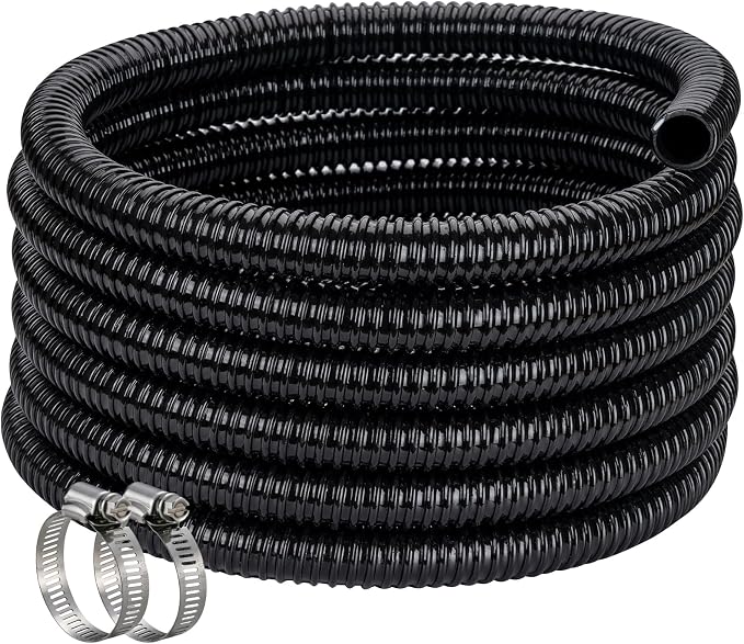Pond Hose ID 1” × 50ft Black Corrugated Flexible Reinforced PVC Hose Vinyl Tubing for Pond Pump Fountain Garden Waterfall, Non-toxic & Kinkproof, with 2 clamps