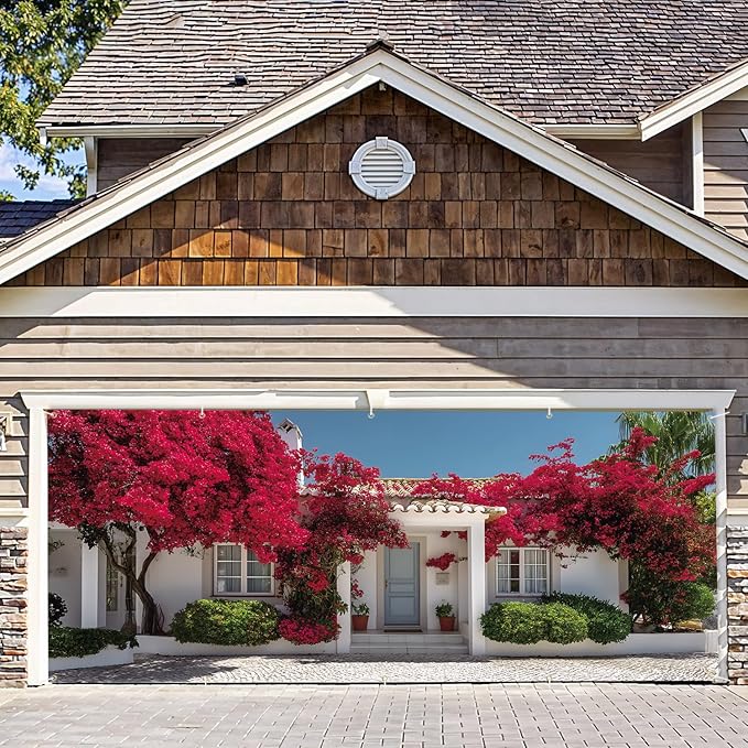 7 * 16FT Summer Garage Door Cover Decorations Sunset Palm Trees Garage Door Banner for Outdoor Indoor Summer Party Photography Backdrop (red, 7 * 16 ft)