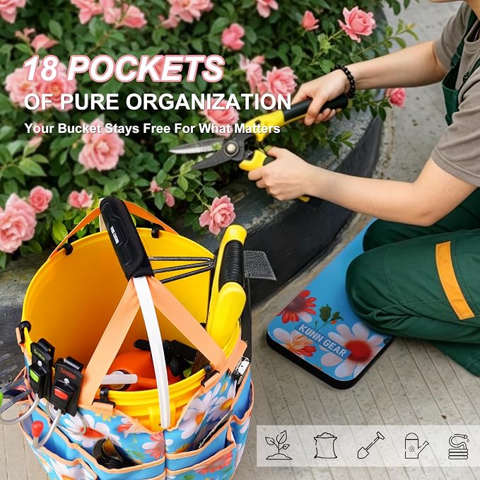 KUNN 5 Gallon Garden Bucket Tool Organizer & Kneeling Pad Set, 18-Pocket Heavy Duty Garden Caddy with Hangable Handle, Polyester Tool Bag with Grip Handle & Gardening Kneeling Pad for Women, Orange