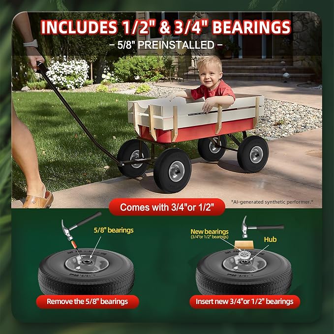 4.10/3.50-4 Tire and Wheel Flat Free,10-Inch Solid Wheel Replacement with 5/8 Extra 3/4 &1/2 Bearings,2.2" Offset Hub -Compatible with Hand Truck,Wheelbarrow,Dolly(Wave,Gray)