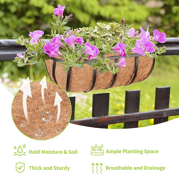 Legigo 4 Pack 16 Inch Window Boxes Railing Planter Box with Coconut Liner, Balcony Railing Planter Horse Trough Deck Window Planters, Metal Railing Hanging Flower Baskets for Outdoor Porch Fence Patio