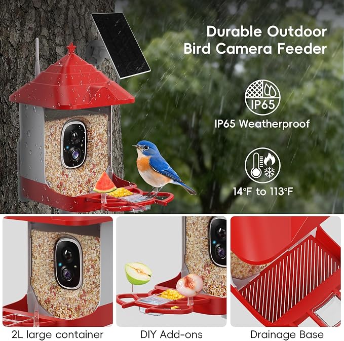 Smart Bird Feeder with Camera, with AI Identify Birds Species & Solar Panel, WiFi Birdfeeder with Cam, 4K HD Live View, Chew-Proof & Waterproof Design, Real-Time App Alerts, Bird Lover's Companion