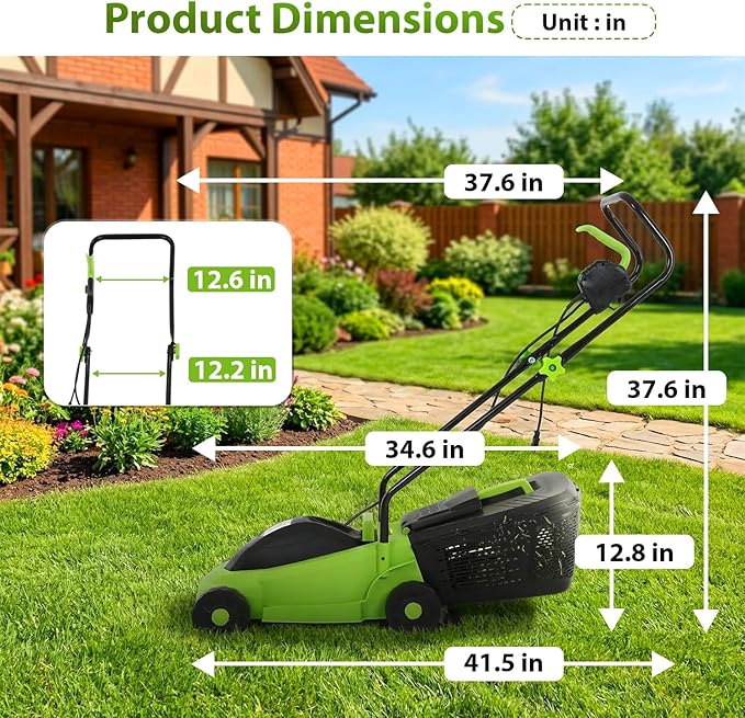 ‌FDW 13-Inch Electric Corded Push Lawn Mower - 12 Amp Motor, 3-Position Height Adjustment, Dethatcher Function & Grass Collection Box