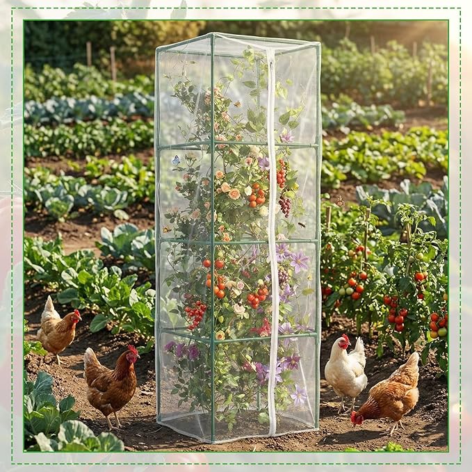 Qunclay 3 Pack Square Tomato Cages with 3 Pcs Garden Bird Netting Cover, 57 in Adjustable 4-Tier Tomato Plants Trellis, Drawstring Plant Protection for Vertical Climbing Plants Vegetables Fruits