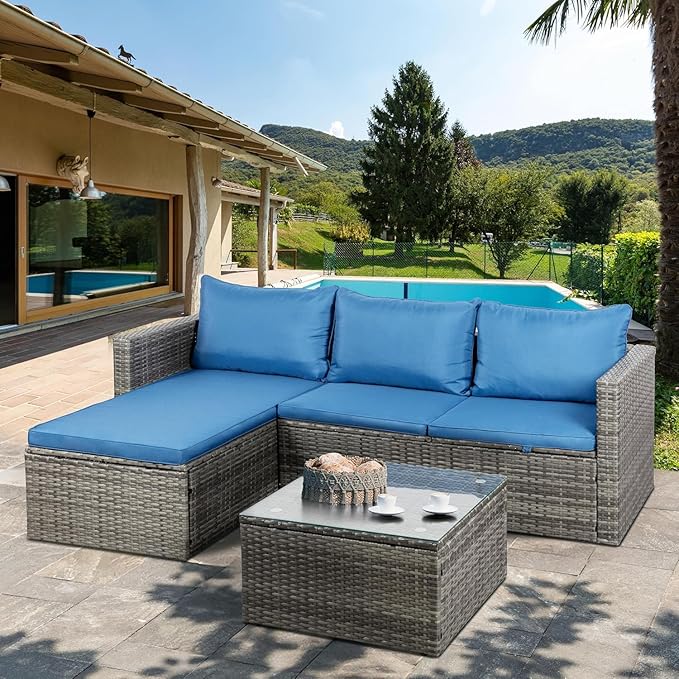 Shintenchi 4 Pieces Patio Furniture Sets, Outdoor Sofa Patio Sectional Sets All Weather, Wicker Rattan Seating Sofa Couch withwith Cushions & Coffee Table for Yard, Garden, Porch, Poolside (Blue)