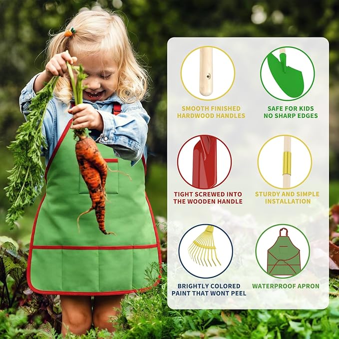 Qtioucp Kids Gardening Wheelbarrow Set, Metal & Wooden Garden Tools for Kids Ages 3-8, Real Wheelbarrows with Apron, Gloves & STEM Guide, Outdoor Backyard Garden Toy Gift