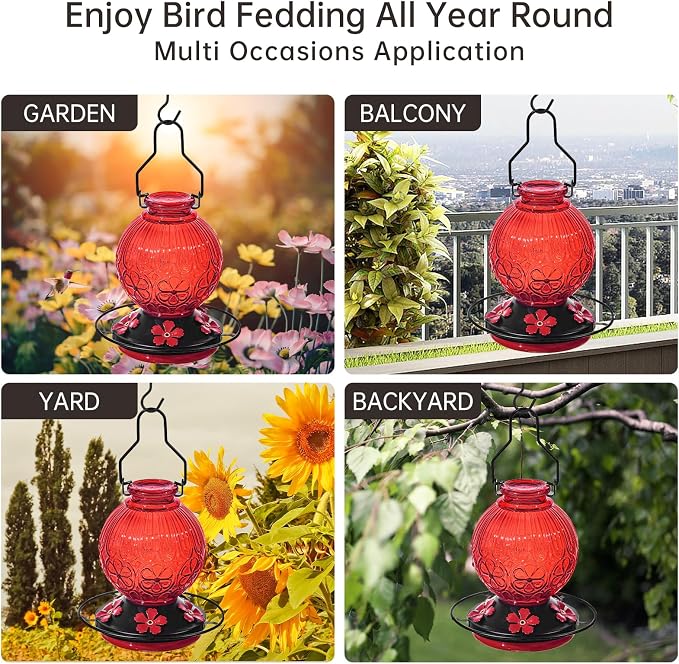 Glass Hummingbird Feeders for Outdoors Hanging Red +Green