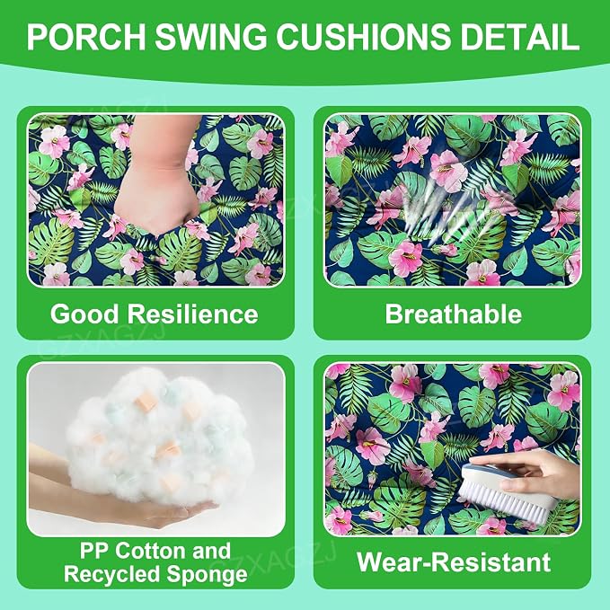 Porch Swing Cushions Outdoor 48 inch Waterproof Extra Thick 5" Swing Cushions Replacement with Backrest and Ties for Outdoor Furniture Porch Patio Garden Lawn (Rainforest Pattern)