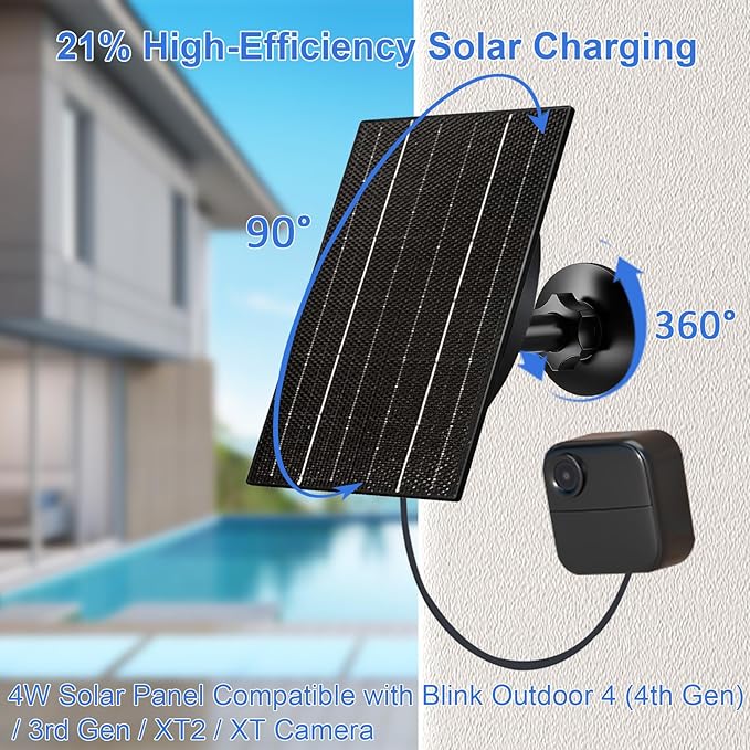 FUTUREZEN 4W Solar Panel for Blink Outdoor 4th Gen/3rd Gen/XT/XT2 Camera, USB-C & Micro USB Solar Charger with 2600mAh Battery, Waterproof Rubber Plug, 10ft Cable