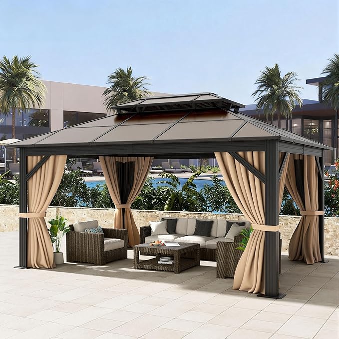 DWVO 10x12ft Hardtop Gazebo Double Roof Polycarbonate Canopy Outdoor with Netting and Shaded Curtains, Aluminum Frame Garden Tent for Patio, Backyard, Deck and Lawns, Brown