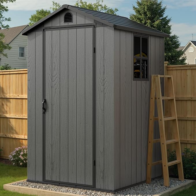 Greesum 4x4FT Plastic Storage Shed with Floor, Resin Outdoor Storaged Sheds with Lockable Door, All Weather Durable Tool Shed with Window and Vent, for Garden, Patio, Backyard, Dark Gray