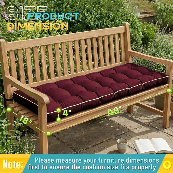 Outdoor Bench Cushion, Tufted Patio Seat Pad for Garden Bench, Porch Swing, Indoor/Outoor Furniture (Red, 48X18X4 inch)