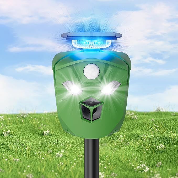 360° Solar Animal Repellent for Yard & Garden – No Blind Spot Motion Sensor to Keep Deer, Raccoons & Cats Away, Waterproof Ultrasonic & Flashing Light Outdoor Deer Repellent Device