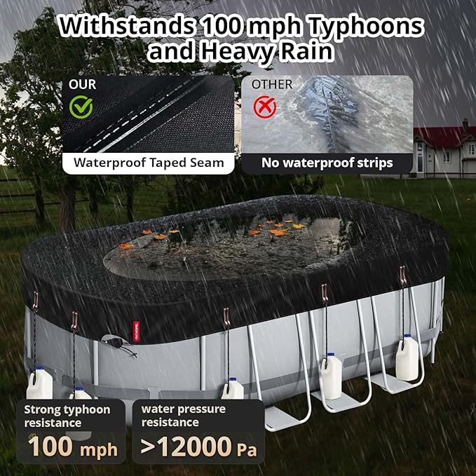 QH.HOME 7x10ft Oval Pool Cover,[Ultimate Windproof & Tear-Resistant Fabric],Snug Fit with Patented Ratchet & Weight Rings,Solar Pool Cover for Above Ground Pools, Blocks Leaves &Waterproof