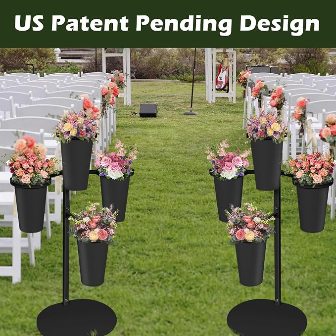 PROLEE Flower Display Stand with 4 Buckets, Flower Pot Stand, Flower Stand Metal, Florist Bouquet Shelf for Wedding, Party, Events, Oval Base, Black
