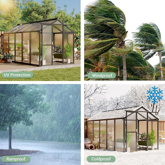 GarveeHome 6X10 FT Greenhouse for Outdoors, Walk-in Greenhouse Kit with Aluminum Frame, Polycarbonate Panels, Adjustable Roof Vent, Sliding Door, Secure Lock for Outside Garden, Patio, Backyard