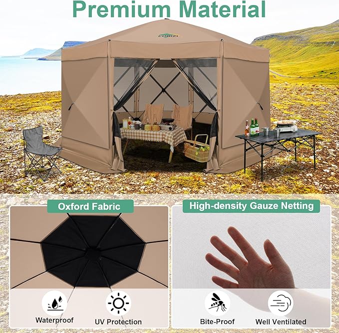 COBIZI 15x15 FT Pop Up Gazebo - Canopy Tent, Large Gazebos On Clearance with Sidewalls,carpas para Patio,Screened in Gazebo,Portable Screen Tents for 12-15 Persons Outdoor Camping, Backyard, Khaki