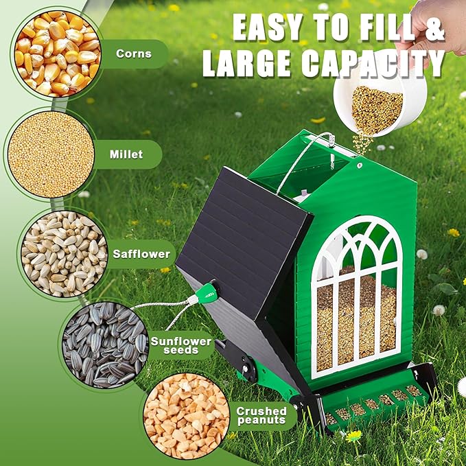 Gbekery Squirrel Proof Bird Feeder for Outdoors,5LB Large Capacity,Metal Wild Bird Seed Feeder with Bilateral Weight-Activated Perches for Outside Hanging,Garden Decoration,Green