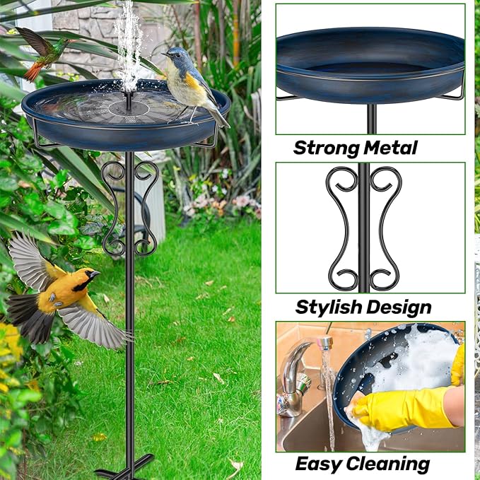 Metal Bird Bath for Outside,Upgraded 5 Pronged Base Birdbath & Feeder Bowl,Vintage Freestanding Birdfeeder for Garden Patio Yard Lawn Decor (Vintage Blue)