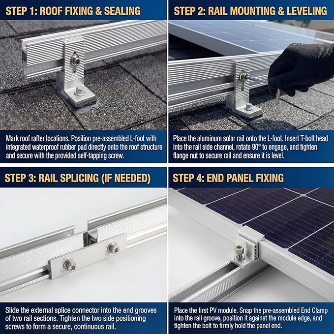 Solar Panel Mounting Rail Kit for 10 x 320W Panels, Includes 16 x 47.2 Aluminum Rails, Adjustable Clamps, L-Brackets & Grounding Hardware, Racking System for Metal, Tile, Shingle Roof