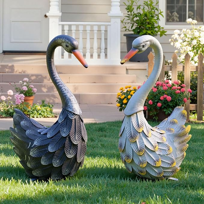 19" Swan Statue Set of 2, Handcrafted Lifelike Metal Swan Sculptures with Ground Stakes, Weatherproof Large Swan Figurines for Garden Patio Yard Decor, Gifts for Women Wedding Housewarming