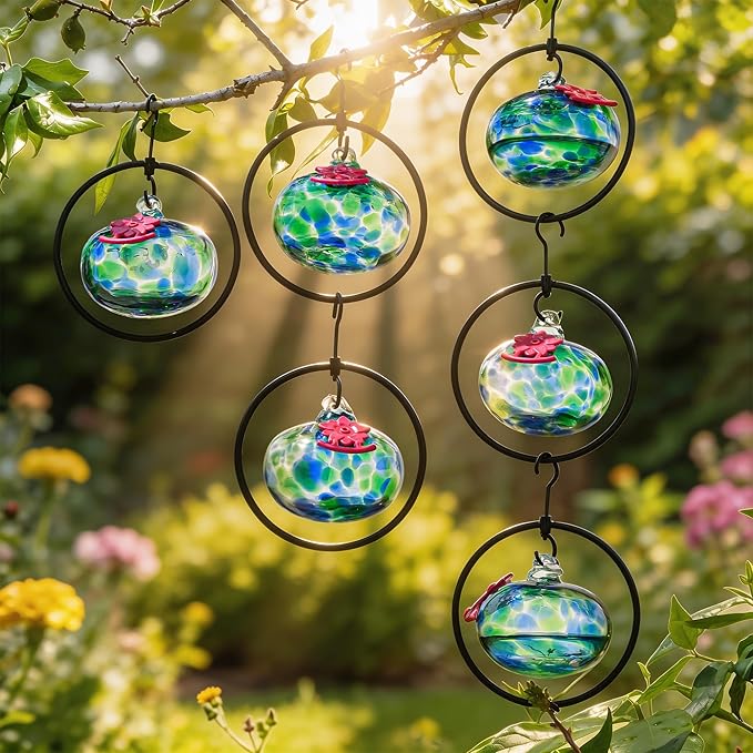 QFkris Set of 6 Blown Glass Hummingbird Feeder for Outdoors Hanging, Small Hummingbird Feeder with Flower Feeding Ports for Outside Garden Backyard Decor, Gardening Gifts for Women Mom(Green)