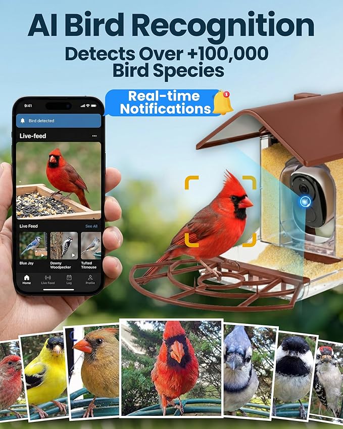 Smart Bird Feeder with Camera Solar Powered - 2K HD Live Video - AI Bird Recognition - Instant App Alerts - Weatherproof Design - Birdwatching for Nature Lovers - Capture Wildlife