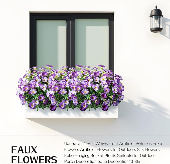 Dark Purple Artificial Morning Glory Flowers for Outdoor Planters, Premium UV Resistant Silk Faux Flowers for Porch, Hanging Basket & Window Box, Elegant Garden Decor, No Pot, 13.3 Inch, 8 Bundles