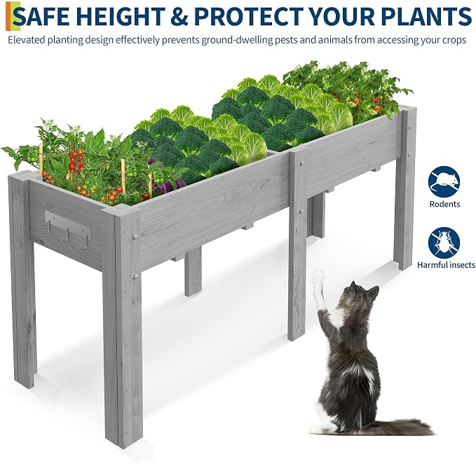 72x 23x30IN Raised Garden Bed Outdoors with High Legs & Hooks, Non-Woven Liner, Elevated Wooden Large Planter Box for Backyard, Patio, Balcony w/Divider Panel, 6 Legs, 300lb Capacity