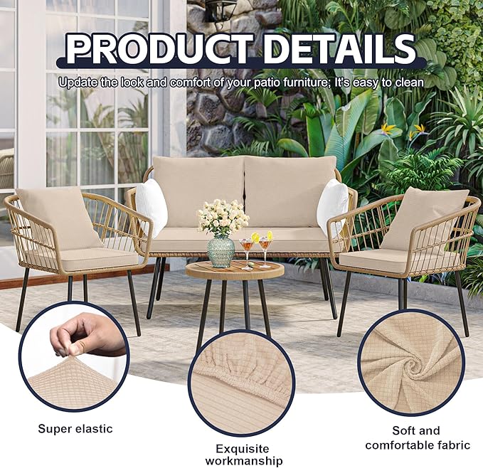 8Pcs Patio Cushion Covers,Outdoor Cushions Covers,Stretch Cushion Covers Replacement, Washable and Reusable Furniture Protectors(Beige)