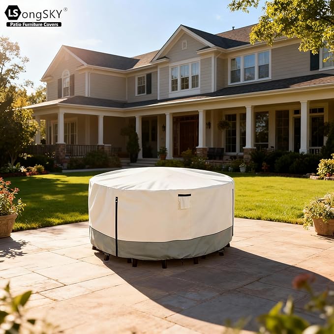 Round Patio Furniture Covers,600D Heavy Duty Waterproof Outdoor Furniture Cover for Round Dining Table with Rocking Swivel Chairs Set,84" Dia x 28" H Beige