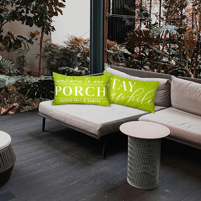 TAJWE Green Outdoor Pillow Covers Waterproof 12x20 Set of 2 Welcome to Our Porch Stay Awhile Cushion Cases for Patio Furniture Sofa Couch Decor