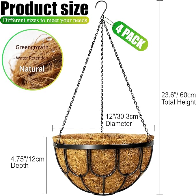 4 Pack 12 Inch Hanging Planters for Outdoor Plants, Large Metal Wire Hanging Flower Baskets with Coco Coir Liner, Black Hanging Plant Pots for Garden, Patio, Balcony & Indoor Home Decor