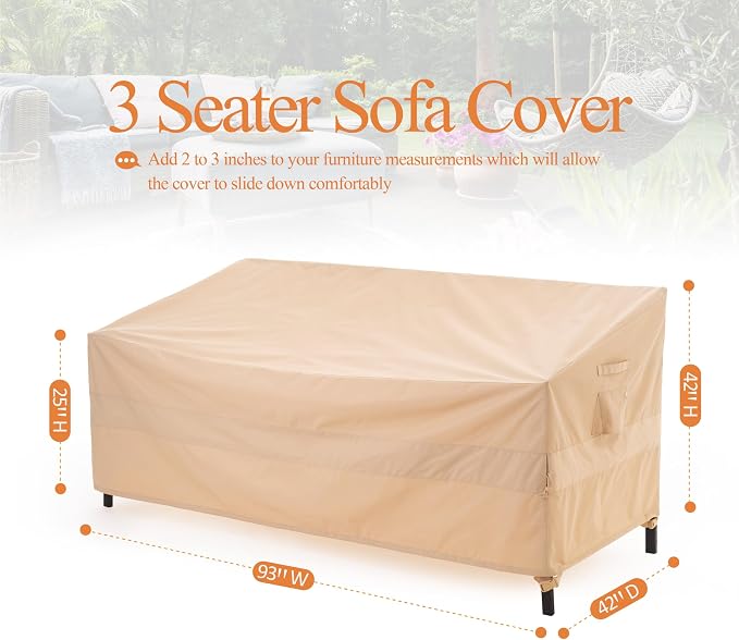 WJ-X3 3-Seater Patio Sofa Cover Waterproof, Heavy Duty Lawn Couch Cover UV Resistant, Porch Furniture Sets Cover Anti-Fading, High Wind Resistant, 93W x 42D x 42H Inches, Beige